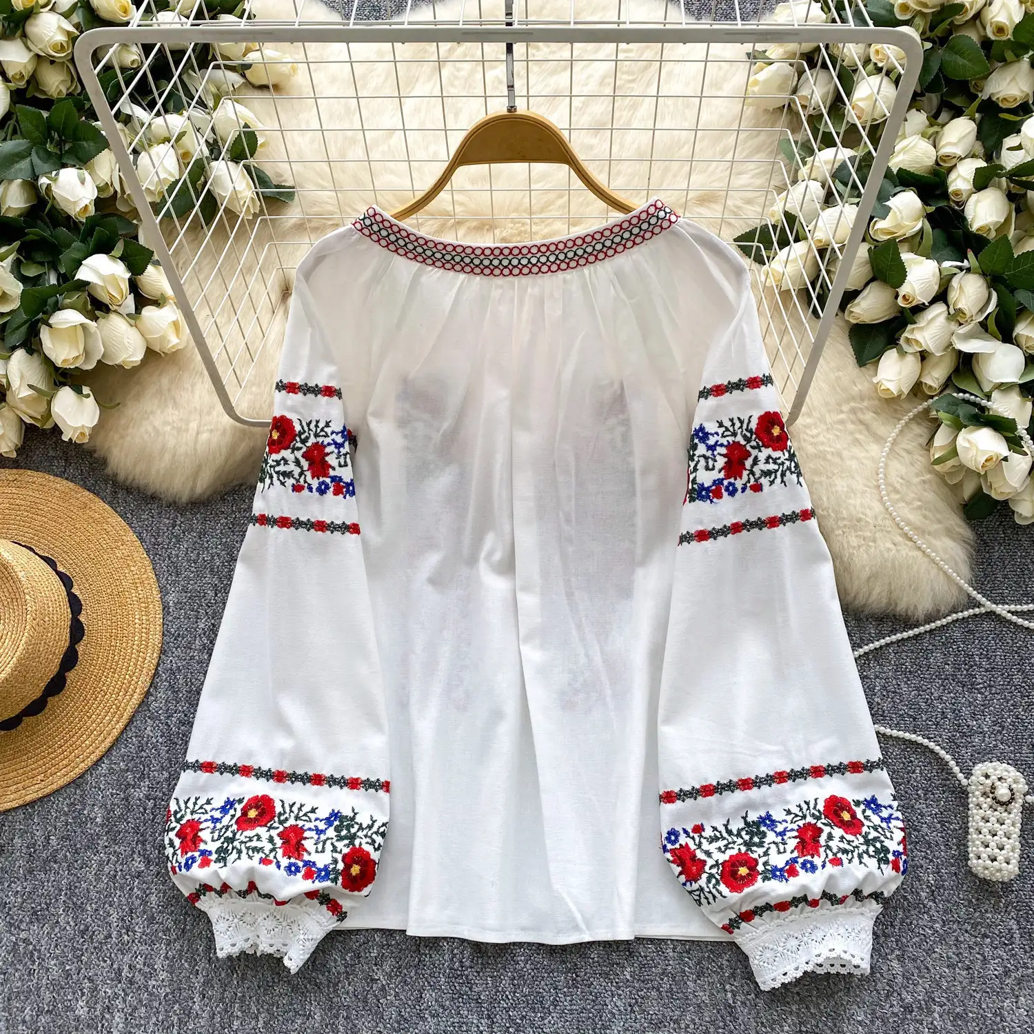 Womens Retro Embroidered Crew-Neck Lace-Up Puff-Sleeve Shirt