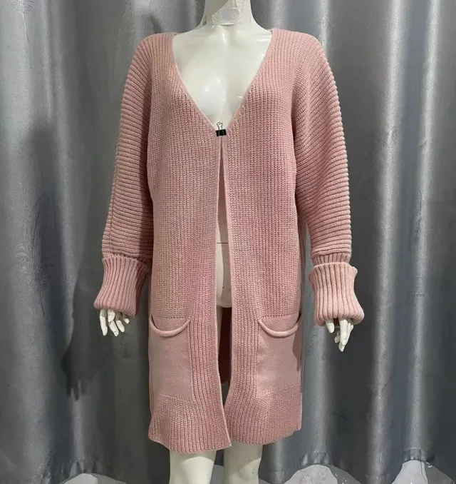 New Solid Color Loose Knitted Sweater Mid length Coat Pink - Shop at LoveMi