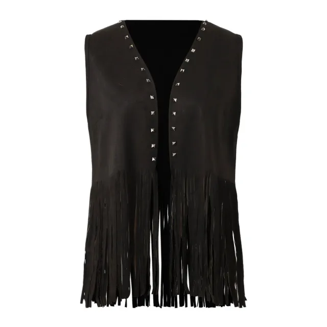 Women's Sleeveless Fringe Suede Jacket Comfortable Casual Rivet Jacket Coat Black - Shop at LoveMi