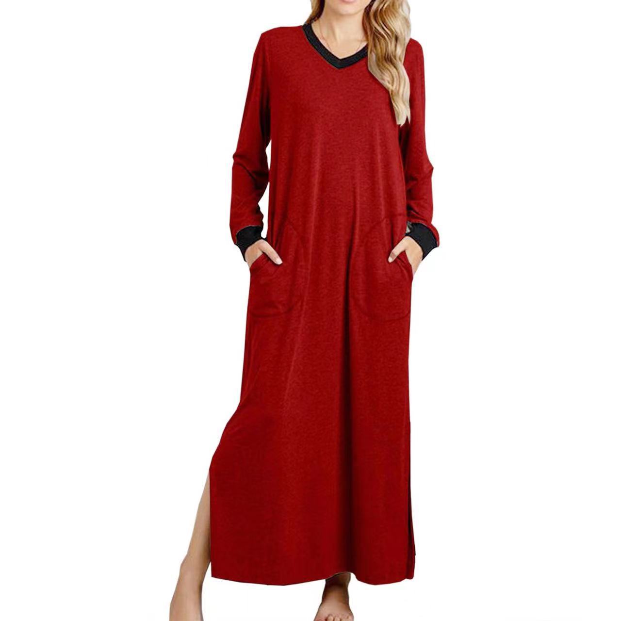 Women's V neck Long Dress Contrast Color Pocket Pullover Red - Shop at LoveMi