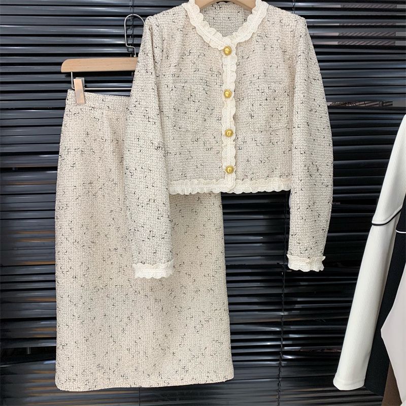 French Lace Splicing Coat Mid length Skirt Two piece Set Apricot Long Pajama Set - Shop at LoveMi