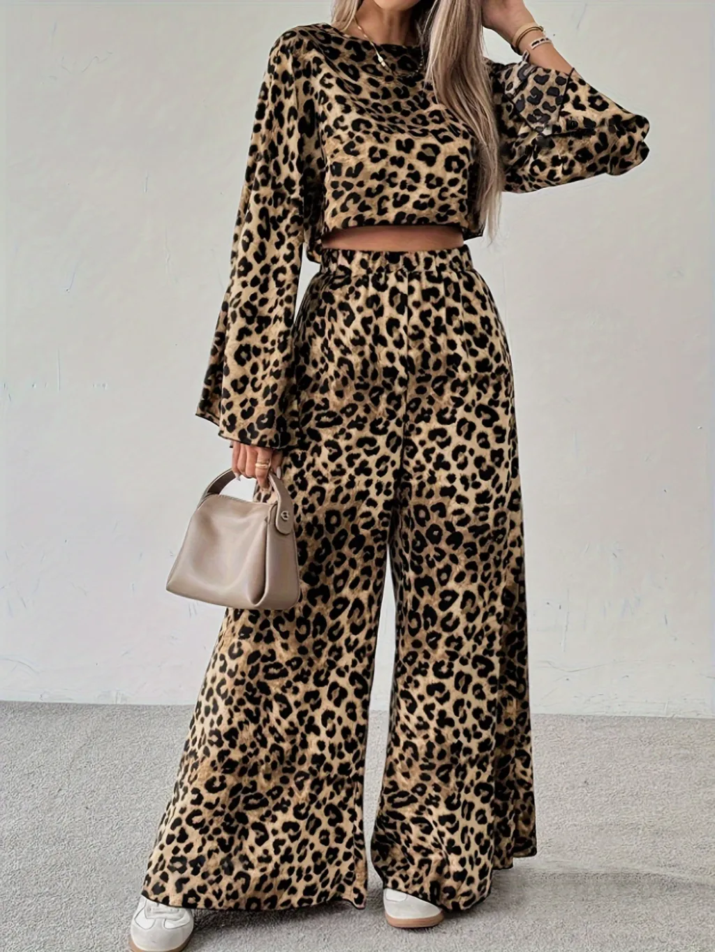 Leopard Print Loose Comfortable Long Sleeve Trousers Two-piece Set - Leopard