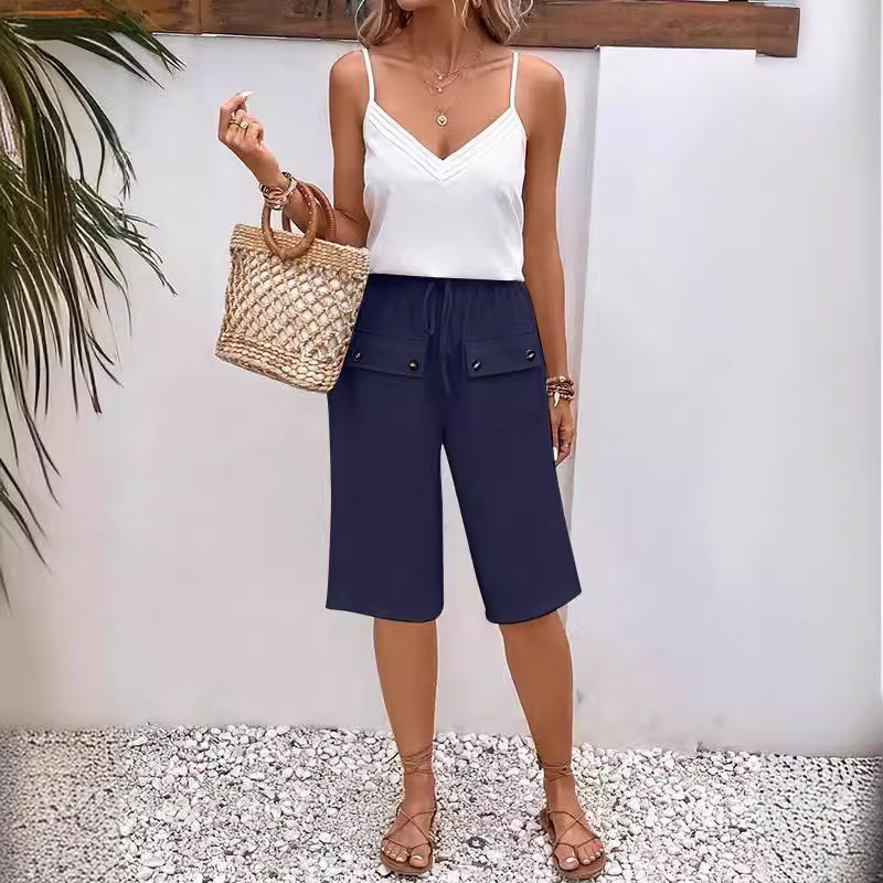 Loose Solid Color Drawstring Lace Casual Pants Navy - Shop at LoveMi