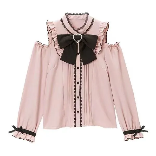 Women's Fat Niche Design Autumn Sweet And Spicy Style Off shoulder Top Japanese style Retro Shirt Pink - Shop at LoveMi