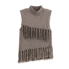 European And American Leisure Stand Collar Sleeveless Short Decorated Tassel Knitted Top - Tan - View 1