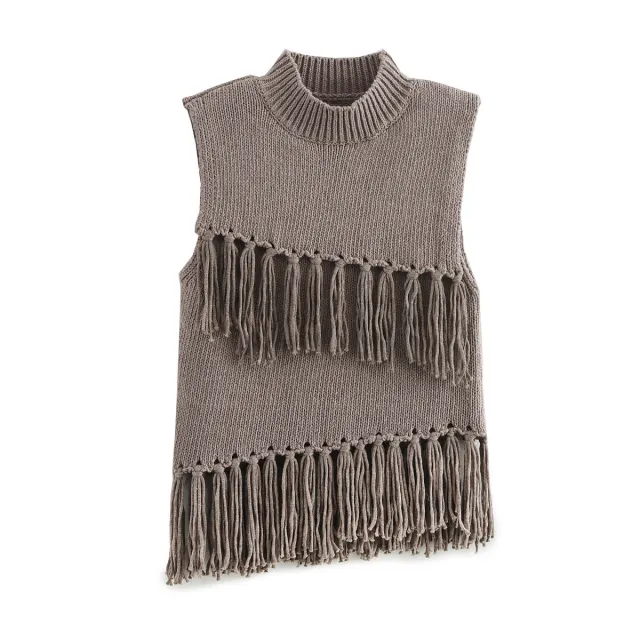 European And American Leisure Stand Collar Sleeveless Short Decorated Tassel Knitted Top Tan - Shop at LoveMi