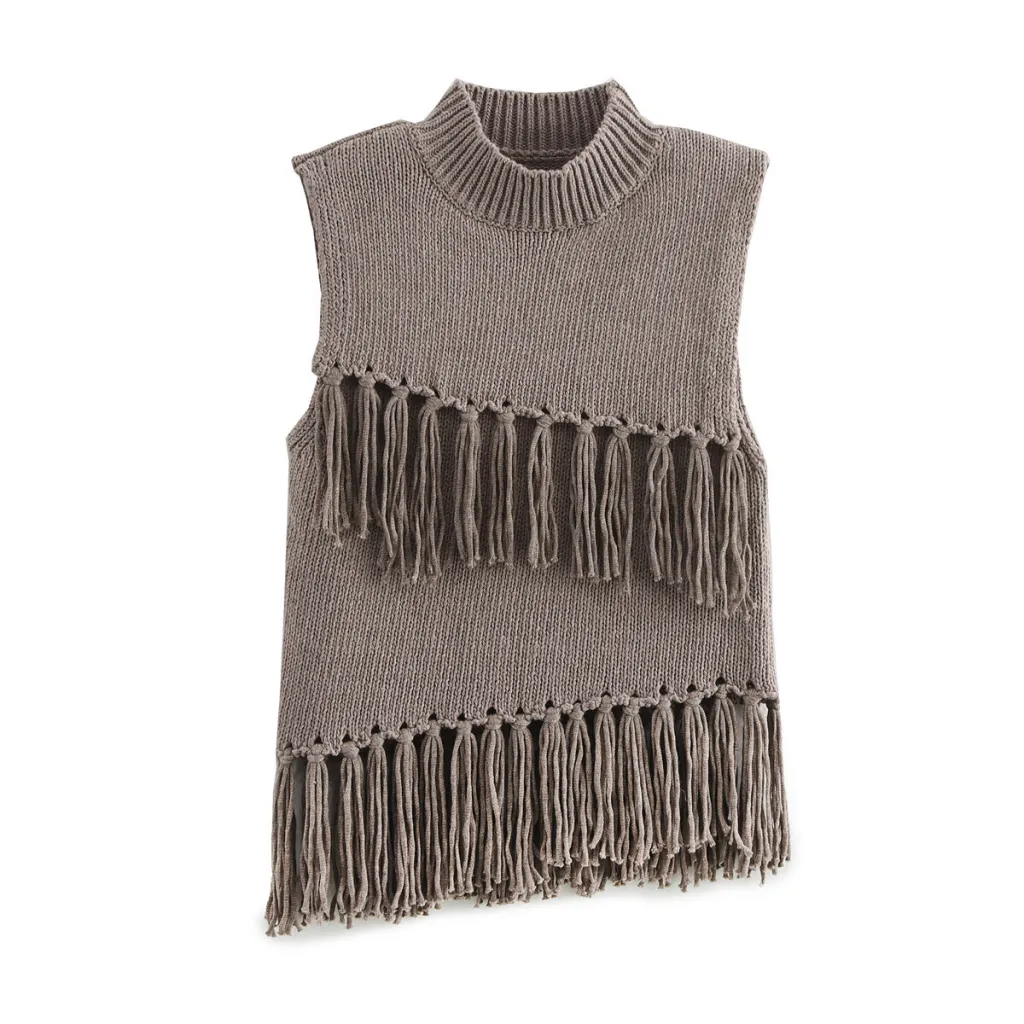European And American Leisure Stand Collar Sleeveless Short Decorated Tassel Knitted Top - Tan