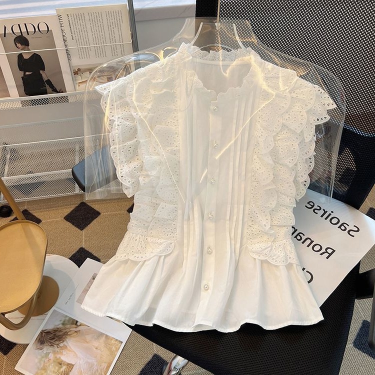 Off-Shoulder Niche Defined-Waist Elegant Lace Top Short Blouse