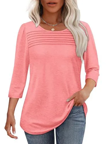 European And American Ladies Autumn And Winter Round Neck Three quarter Sleeve Chest Tuck Line Peplum Top Pink - Shop at LoveMi