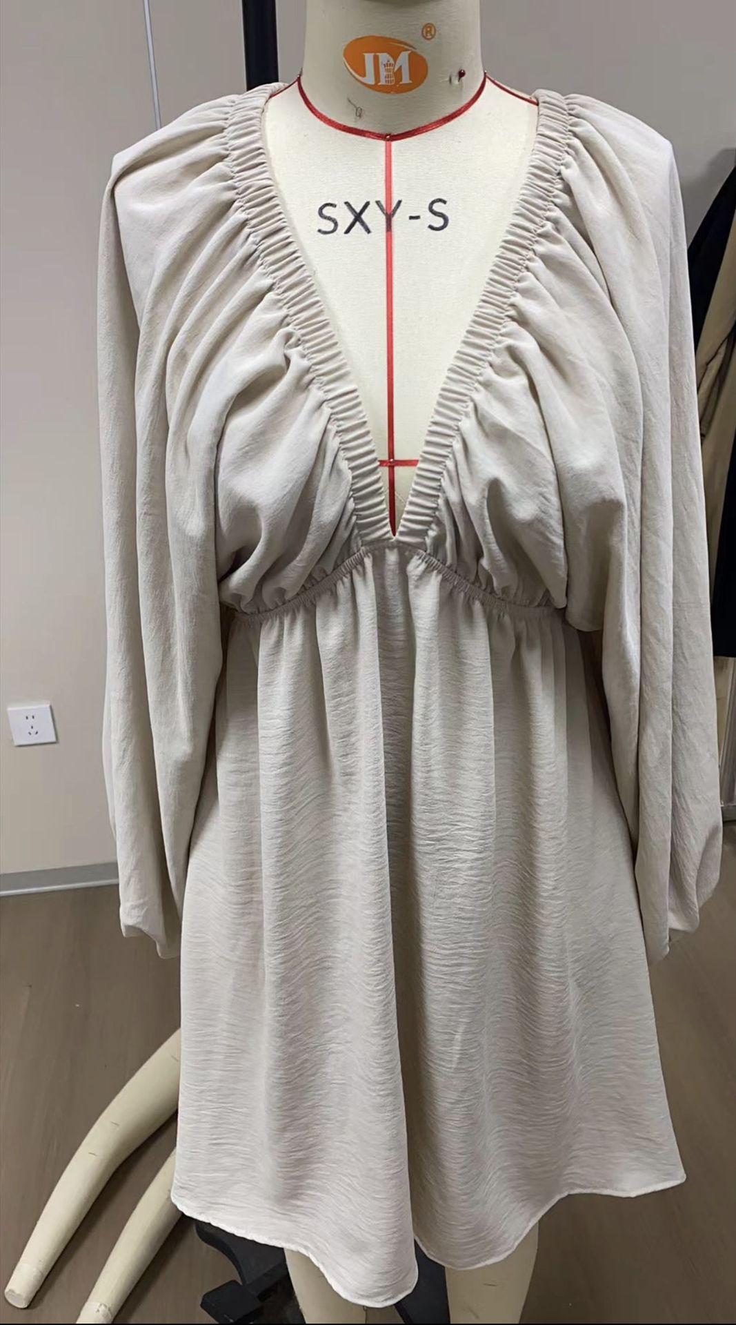 V neck Long sleeve Dress Self designed Puff Sleeve Swing Skirt Apricot - Shop at LoveMi