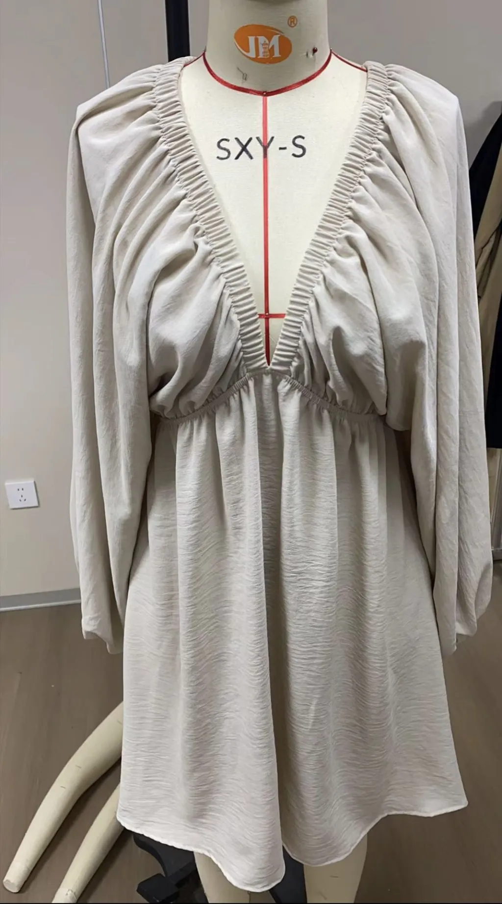V-neck Long-sleeve Dress Self-designed Puff Sleeve Swing Skirt - Apricot