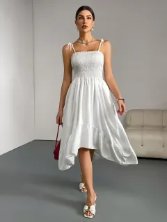 White Suspender Sleeveless Pleated Irregular Long Dress - White - View 1