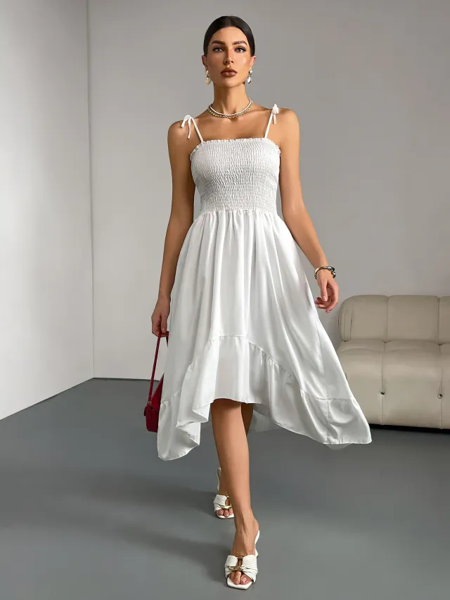 White Suspender Sleeveless Pleated Irregular Long Dress White - Shop at LoveMi