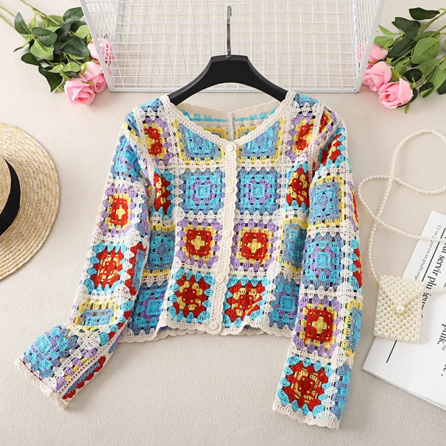 Vintage Chic Crochet Hollow Out V neck Knitted Sun proof Cardigan Coat Sky Blue - Shop at LoveMi