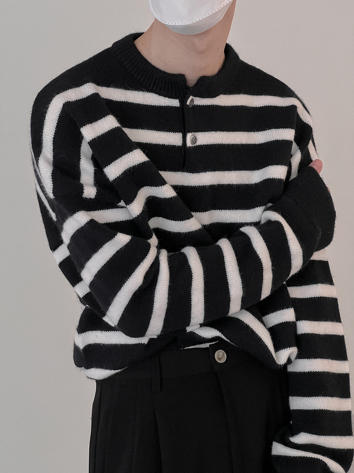 Textured Striped Sweater Boys Button Round Neck Autumn Leisure Sweater
