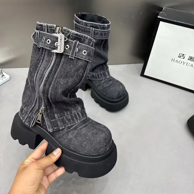 Martin Boots Denim Fake Two Pieces Pile Style Boots Motorcycle Boots Black - Shop at LoveMi