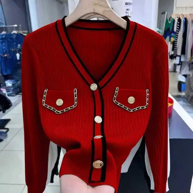 Classic Style V neck Knitted Pullover Women Slim Fit Sweater Red - Shop at LoveMi
