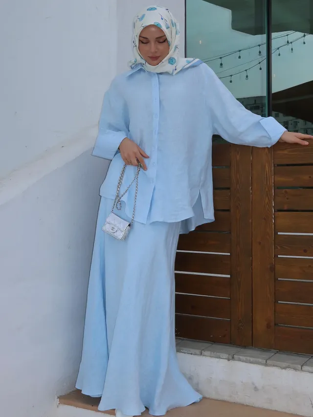 Pure Color Elegant Gentle Elegant Long Sleeve Top Long Dress Comfortable Suit Light Blue - Shop at LoveMi