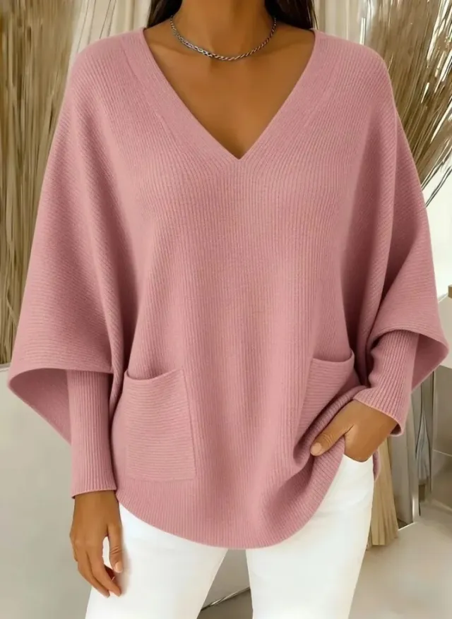 Relaxed Laid back Soft And Cozy Womens Casual Solid color V neck Sweater Pink - Shop at LoveMi