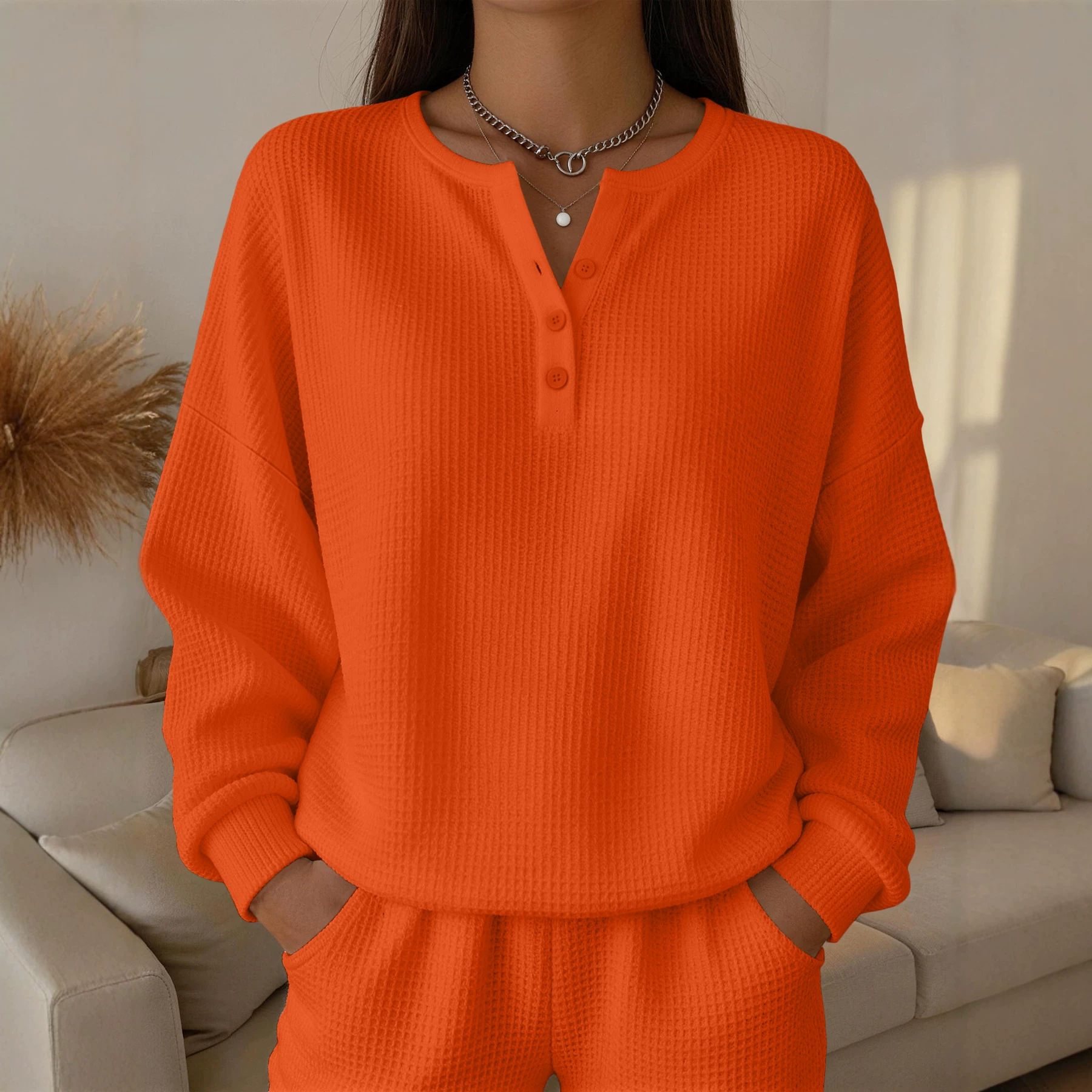 Fashionable Womens Waffle-knit Solid-color Pullover Top
