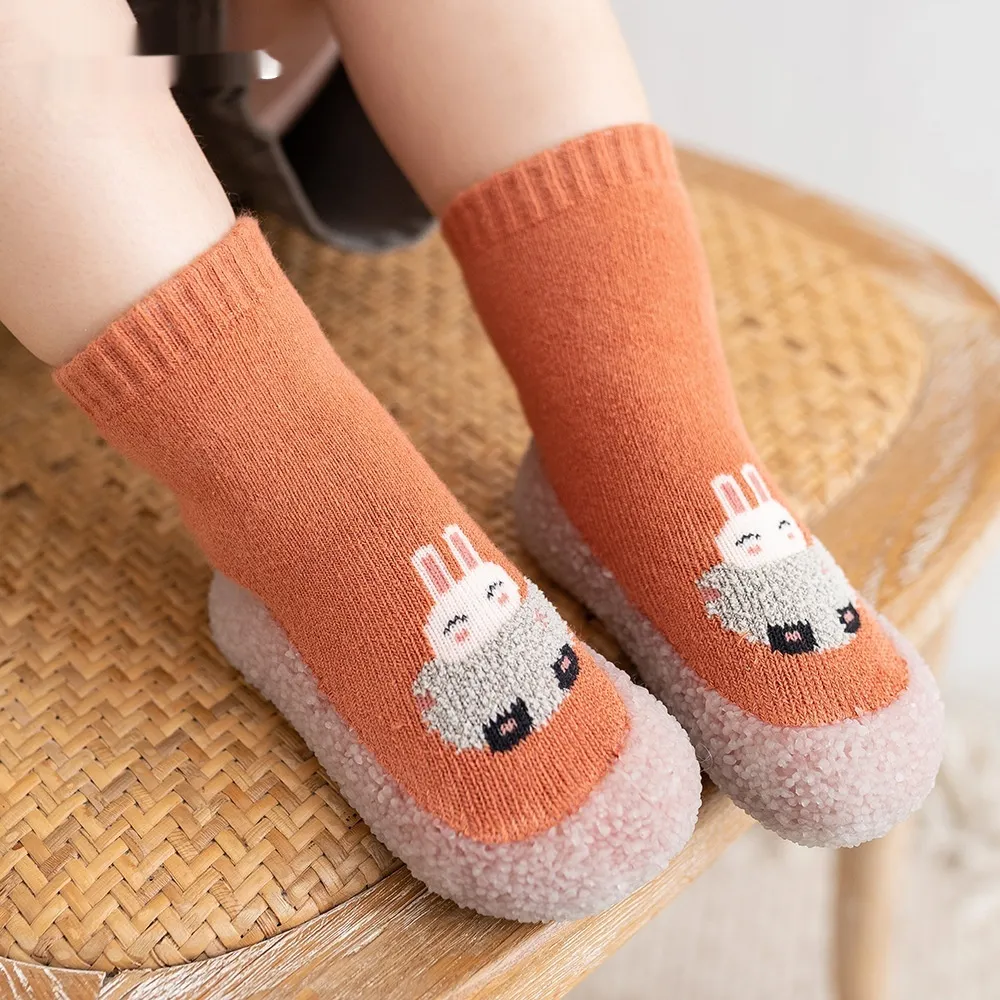 Autumn And Winter Non-slip Cartoon Velvet Extra Thick Fluffy Loop Sock Shoes - Orange Bunny