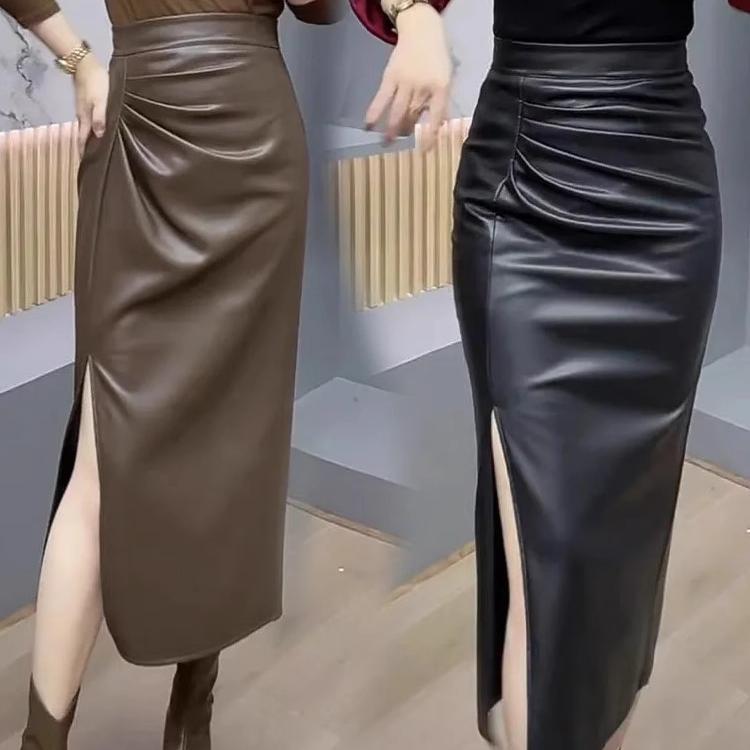 Fustă din piele artificială plisată cu talie înaltă - Fustă creion Bodycon cu fantă laterală neregulată de lungime medie pentru femei pentru toamnă