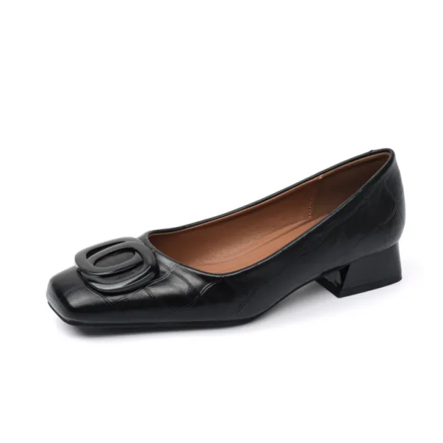 Womens Retro Square Toe Leather Shoes Low Heel Chunky Heel Pumps Black - Shop at LoveMi