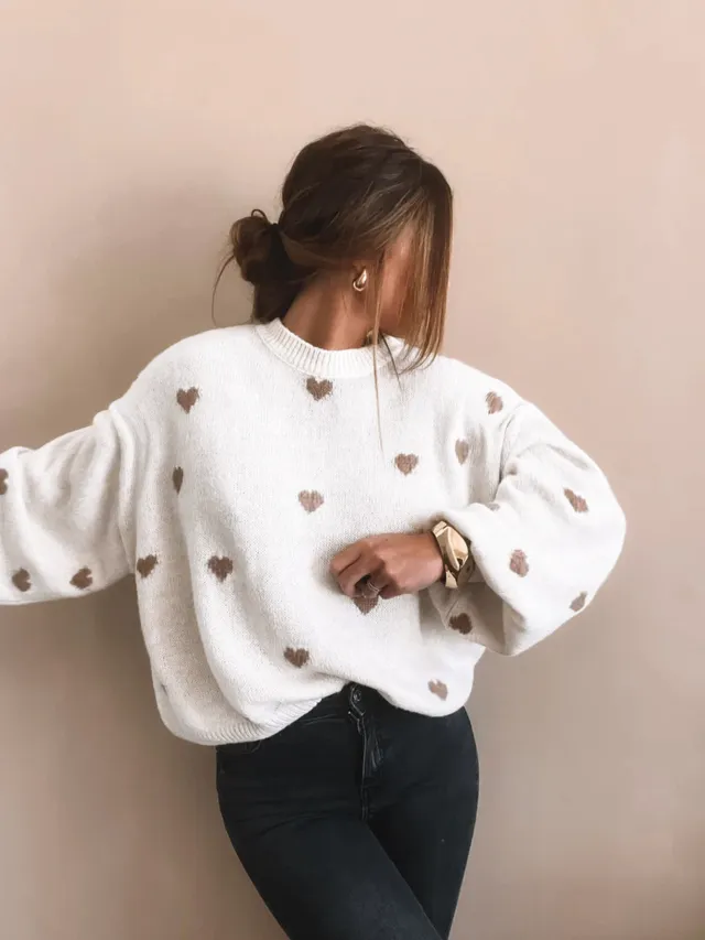 Heart Knitted Women's Leisure Pullover Sweater White - Shop at LoveMi