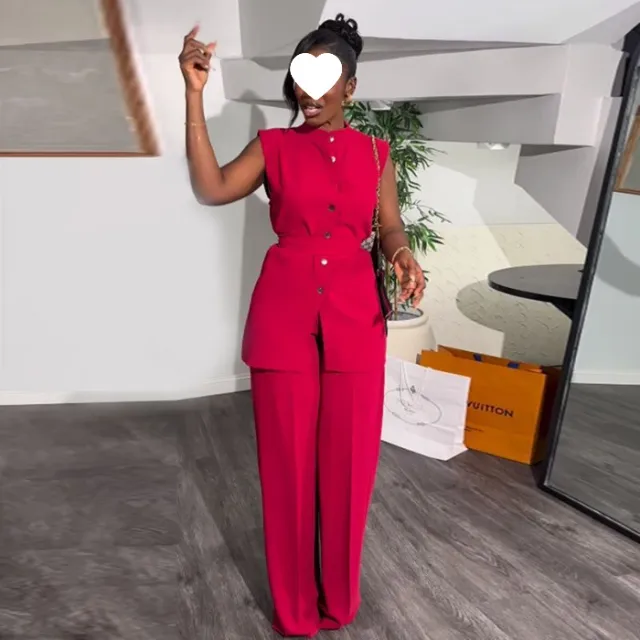 Featuring A Mandarin collar Button front Sleeveless Top And Wide leg Pants Red - Shop at LoveMi