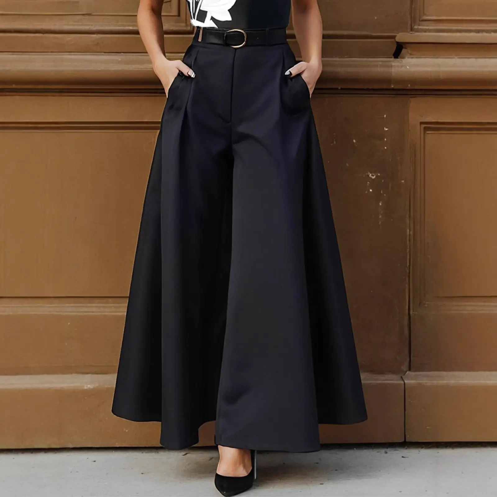 Cities Solid Color Wide-leg Pants No Belt