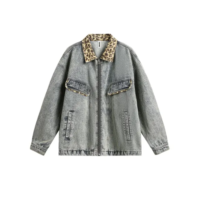 American style Retro Street Washed Leopard Print Lapel Denim Jacket Blue - Shop at LoveMi