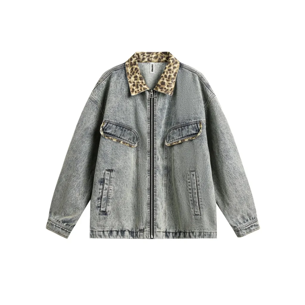 American-style Retro Street Washed Leopard Print Lapel Denim Jacket - Blue