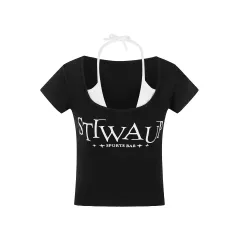 American Retro Cute Printed Short-sleeved T-shirt - Black - View 1