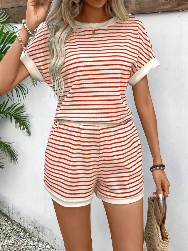 Womens Loose Casual Striped T Shirt And Shorts Set Red - Shop at LoveMi