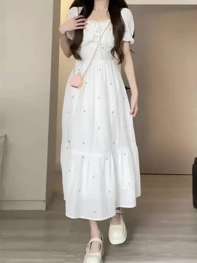 White Moonlight Short Sleeve Cinched Slimming Long Dress Apricot Long Style - Shop at LoveMi