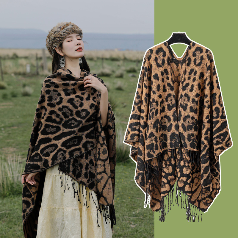 New Leopard-Print Tassel Shawl AutumnWinter Travel Faux Cashmere Knitted Scarf
