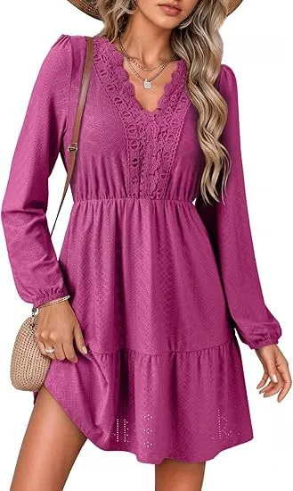 Women's Lace Hollow Out Embroidered V Neck Long Sleeve Dress Rose Red - Shop at LoveMi