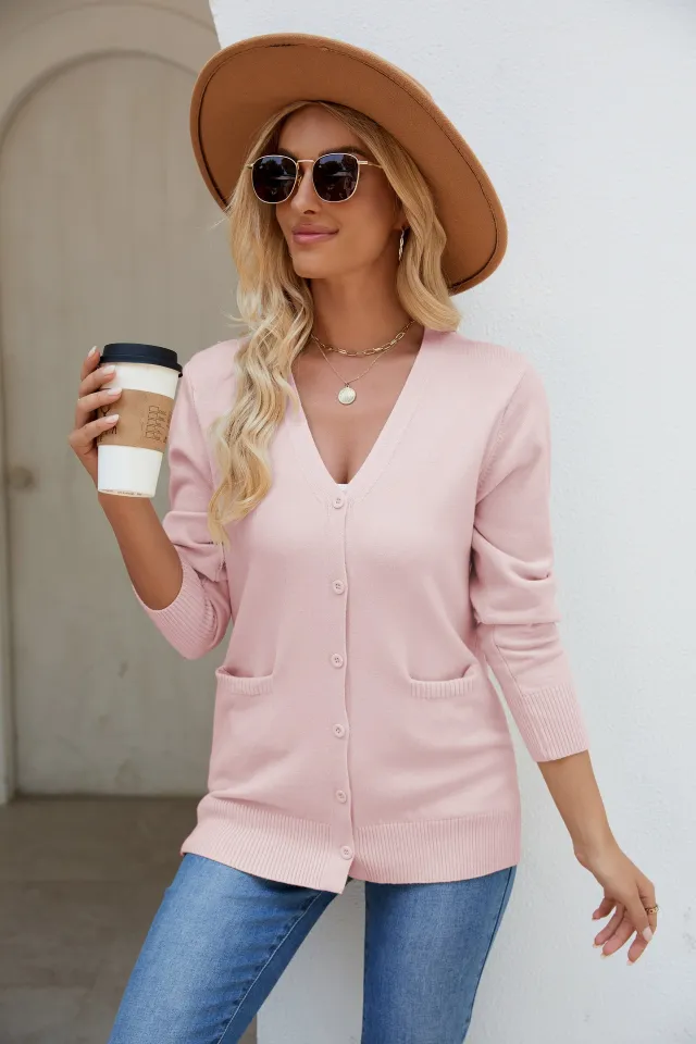 Knitted Cardigan Sweater Women V neck Long Sleeve Single Breasted Pink - Shop at LoveMi