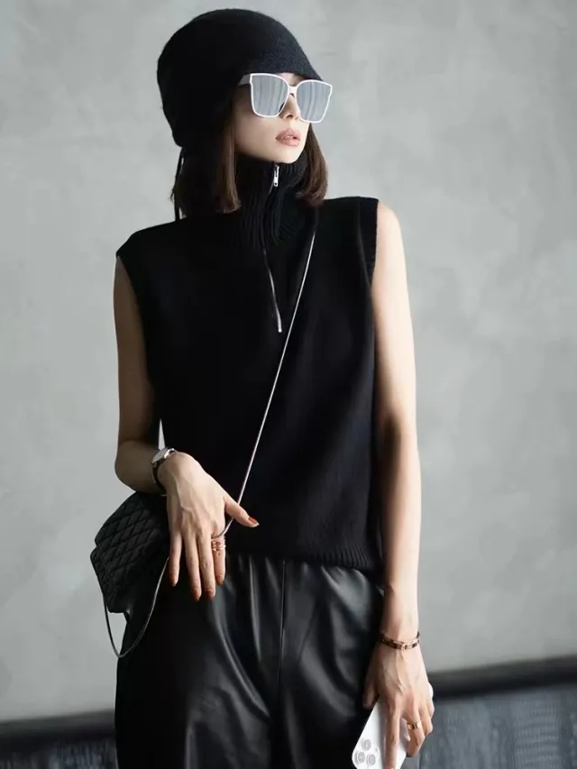 Casual Half Zipper Design Lapel Knitted Temperament Flattering Vest Black - Shop at LoveMi