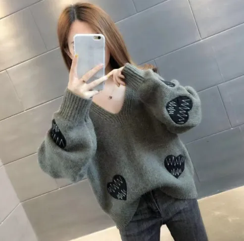 Women's V neck Heart shaped Embroidered Sweater Top Green - Shop at LoveMi