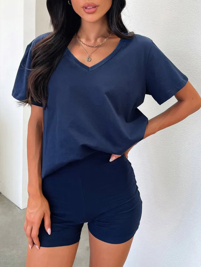 V neck Fashion Solid Color Casual Fashion Shorts Suit Women Blue - Shop at LoveMi
