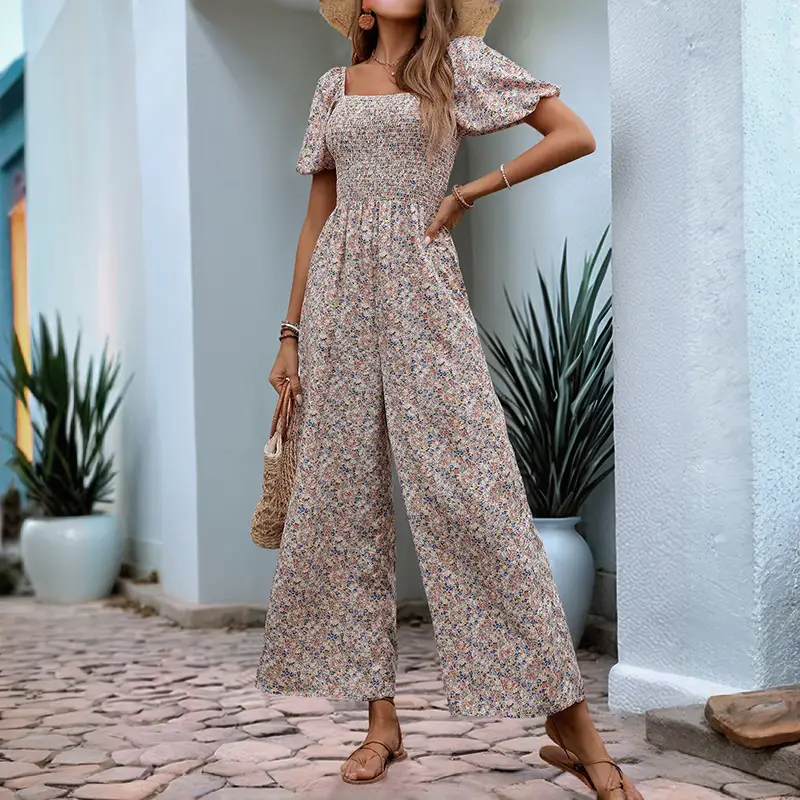 Square Collar Puff Sleeve Vacation Style Floral Jumpsuit