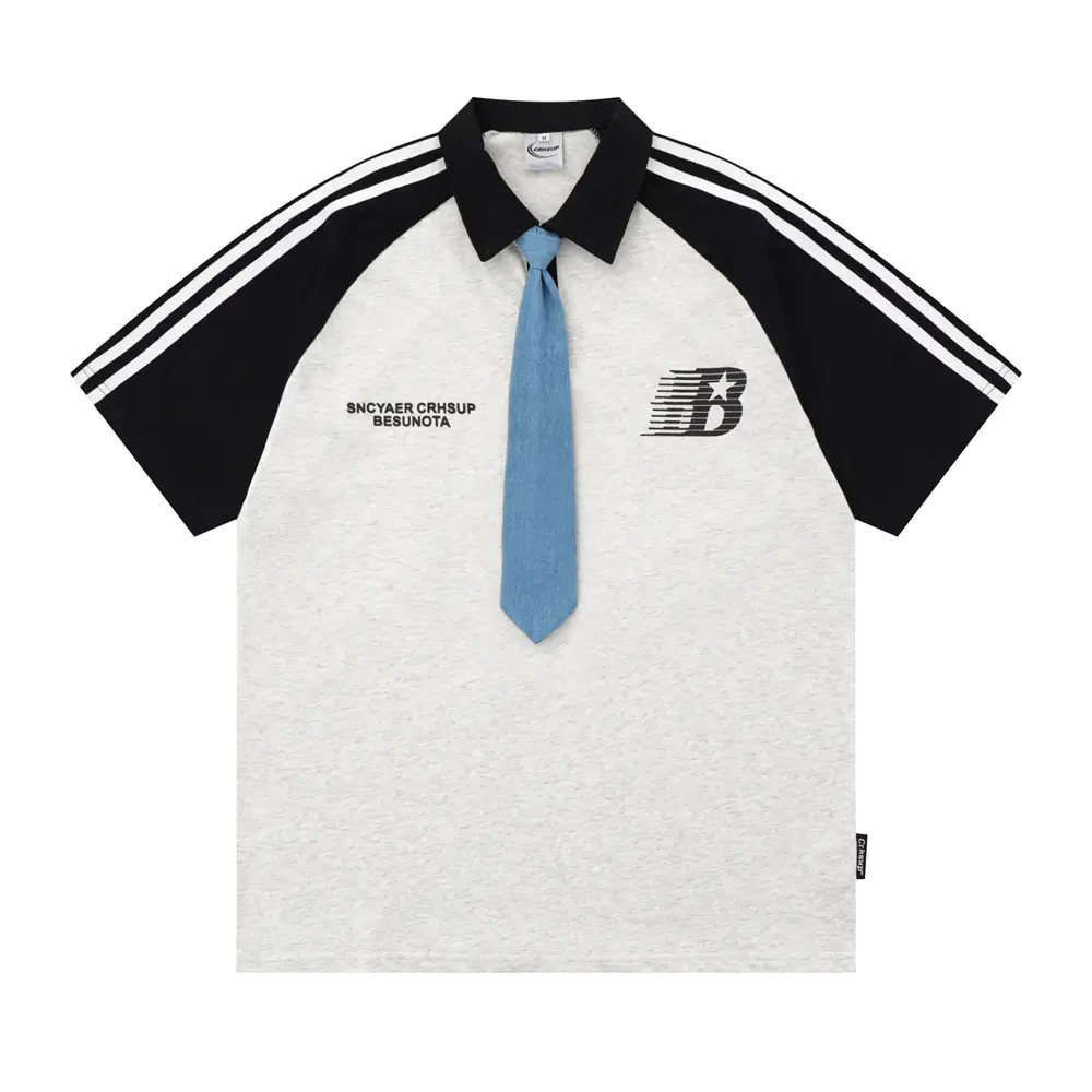 College Style Tie Polo Shirt Raglan Short Sleeve