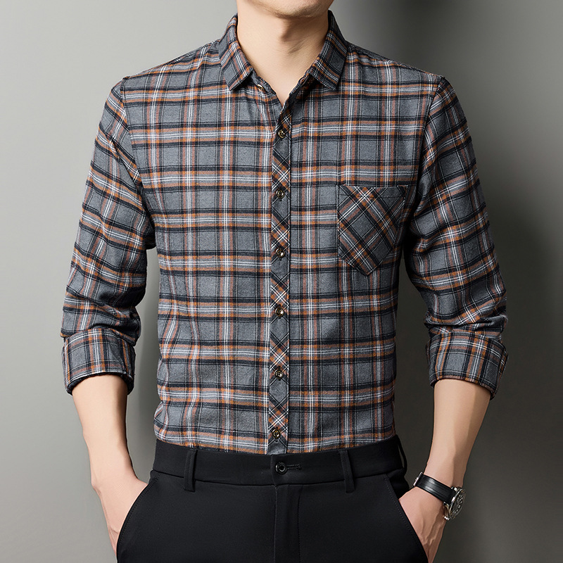 Breathable Fashionable Plaid Long-sleeve Printed Shirt For Middle-aged Men