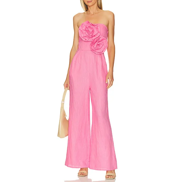 Stitching Flower Tube Top High Waist Slimming And Wide Leg Jumpsuit Pink - Shop at LoveMi