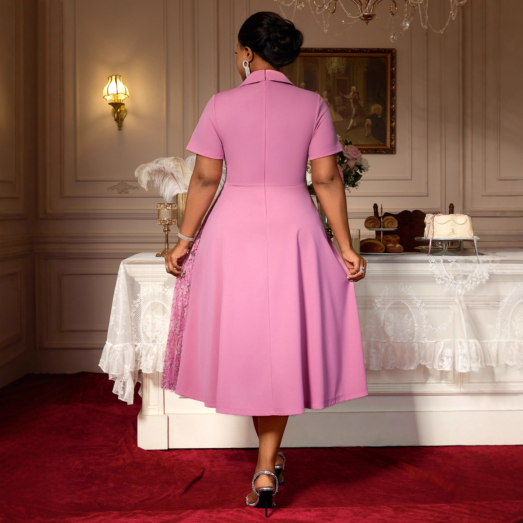 Short Sleeve Lapel Patchwork Lace Pleated Dress