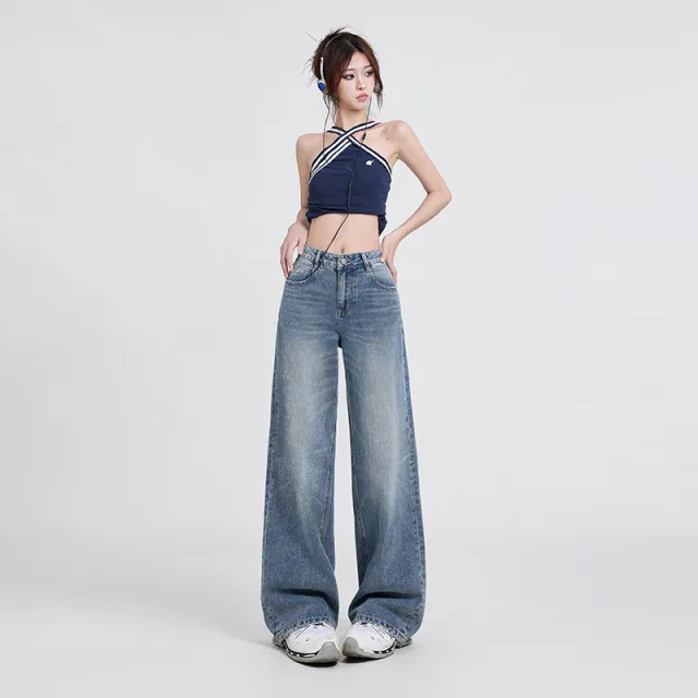 Wide Leg Jeans Women's High Waist Baggy Straight Trousers Retro Blue Lengthened - Shop at LoveMi