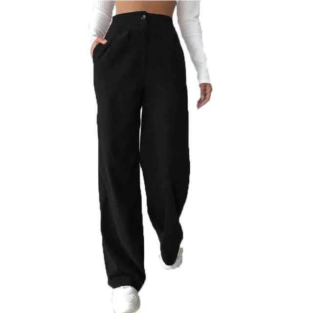 Women's High Waist Casual Pants Solid Color Corduroy Baggy Straight Trousers Black - Shop at LoveMi