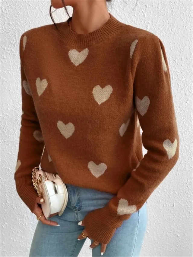 Heart shaped Pattern Loose Round Neck Knitted Pullover Sweater Brown - Shop at LoveMi