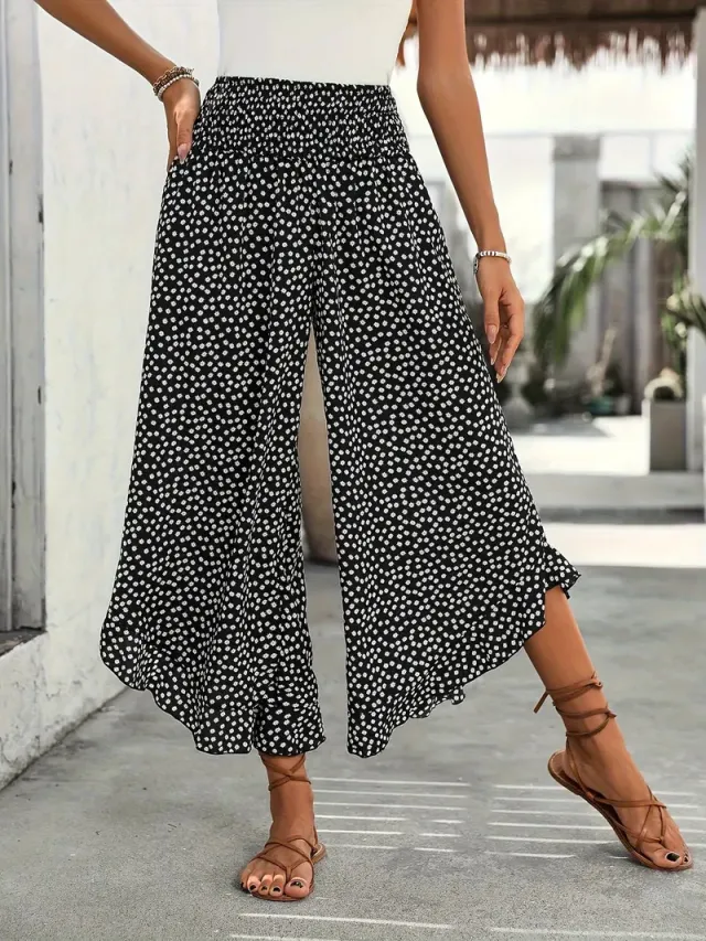 Casual Polka dot Loose fitting High Waist Tight Waist Wide Leg Pants Black - Shop at LoveMi